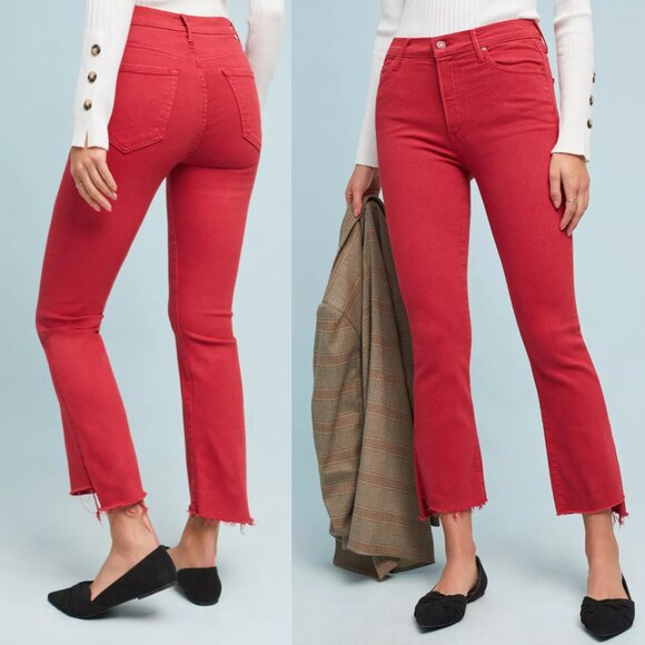 MOTHER The Insider High-Rise Crop Step Fray Jeans Hot Rod Red Size 30 $208 - Picture 3 of 16